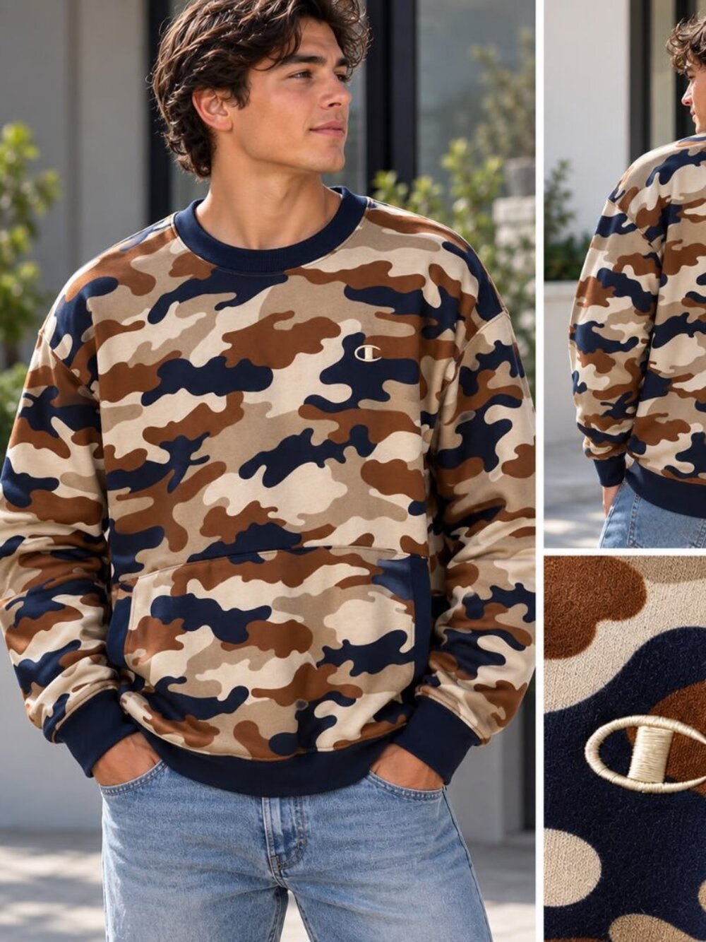 Champion Camo Blue Brown And Beige Sweater Large